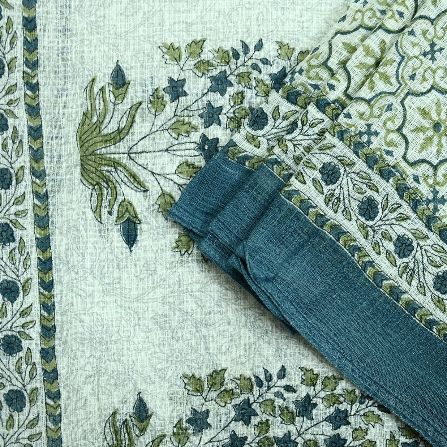 Indian Vintage Dupatta White & Gray Long Stole Block Print Pure Cotton Scarves Scarf Veil Wrap Boho Soft Floral Design