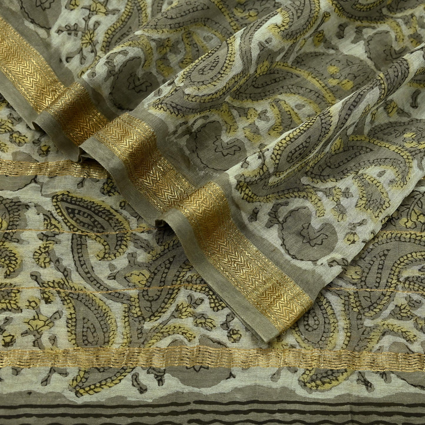 Indian Vintage Green & Cream Dupatta Long Stole Block Print Pure Chanderi Silk Scarves Veil Zari Wrap Hijab