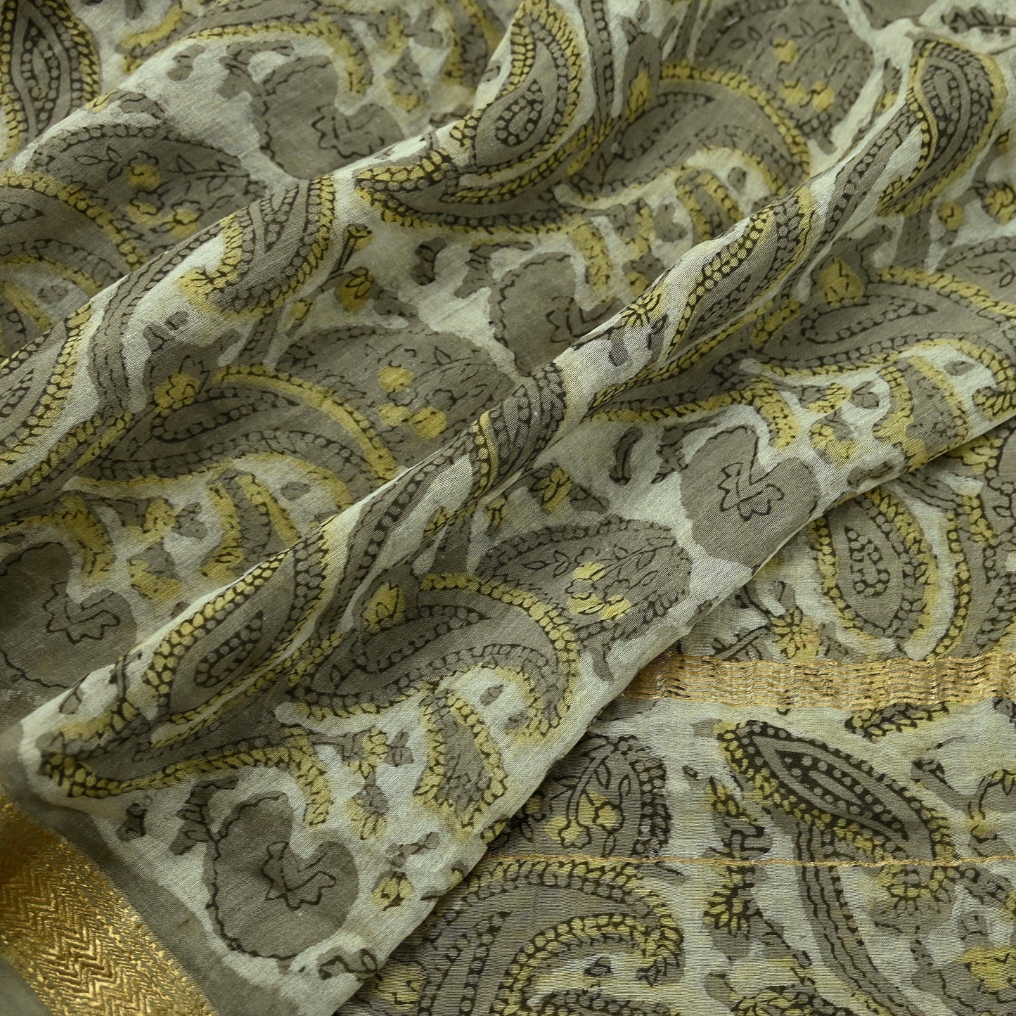 Indian Vintage Green & Cream Dupatta Long Stole Block Print Pure Chanderi Silk Scarves Veil Zari Wrap Hijab