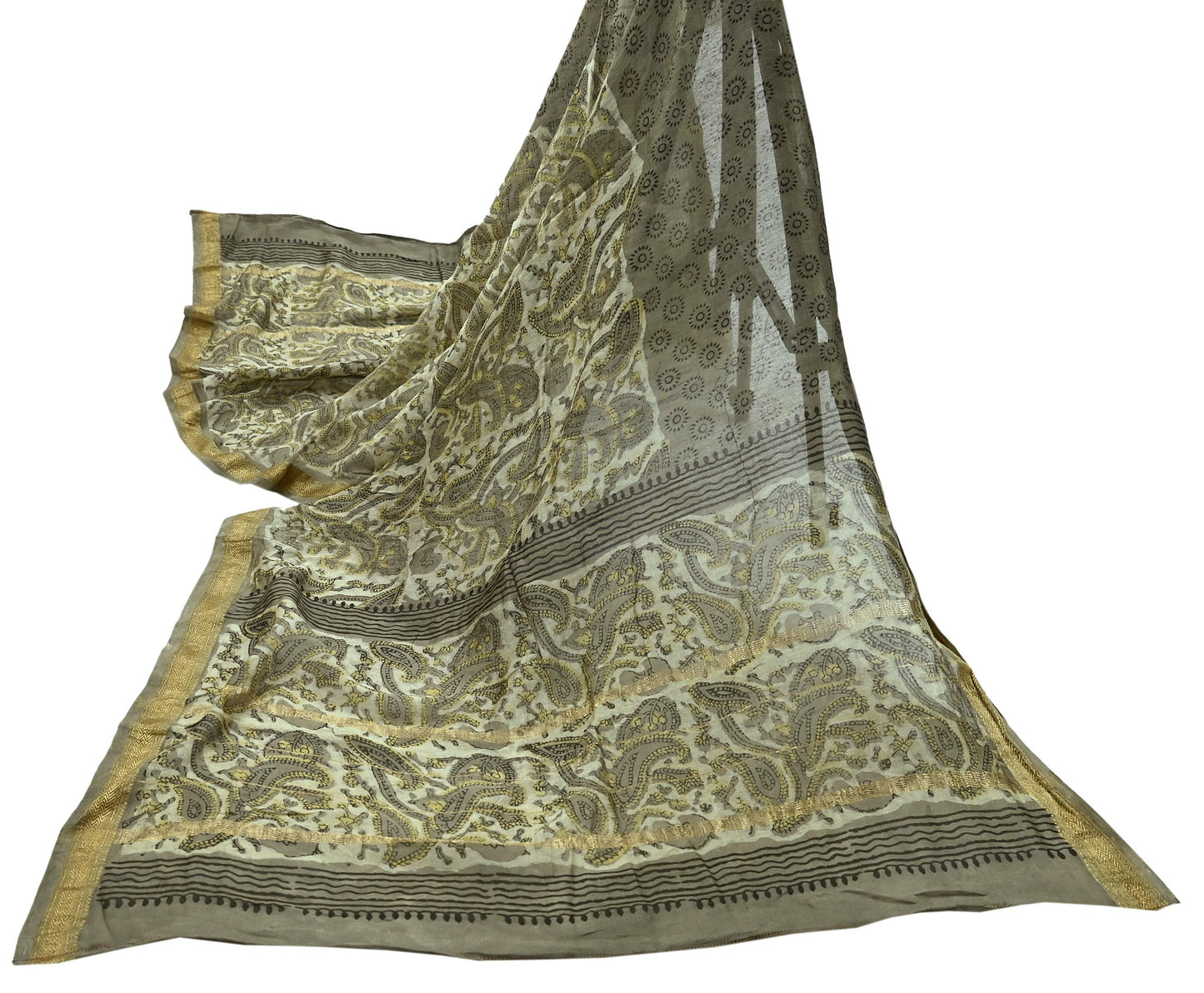 Indian Vintage Green & Cream Dupatta Long Stole Block Print Pure Chanderi Silk Scarves Veil Zari Wrap Hijab