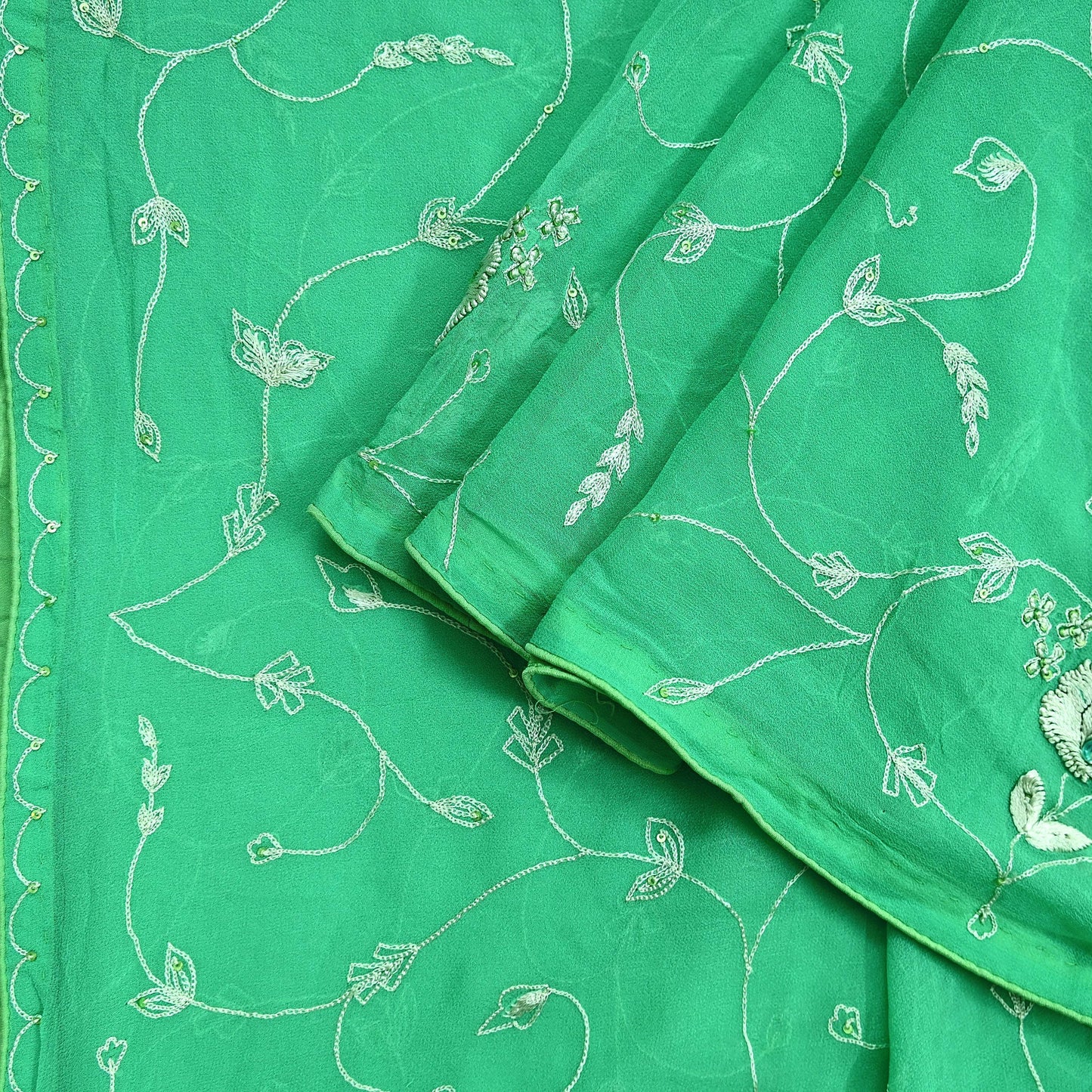 Indian Vintage Dupatta Green Pure Georgette silk Long Stole Hand Embroidered Scarves Stole Veil Wrap