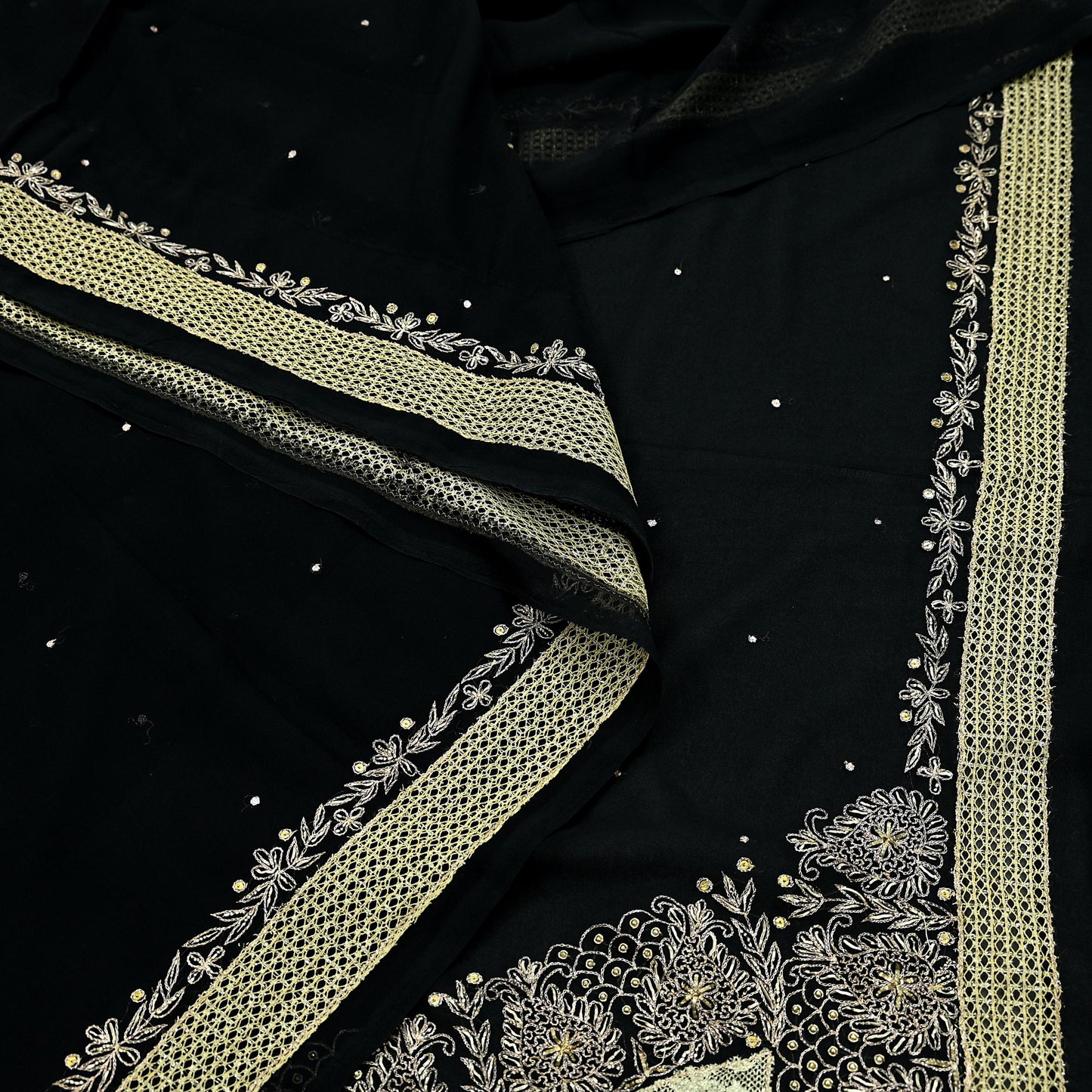 Indian Vintage Black Saree Georgette Hand Embroidered Sari Craft Fabric 5Yd Sewing Soft Ethnic Dress making Crafting Quilting Dabka