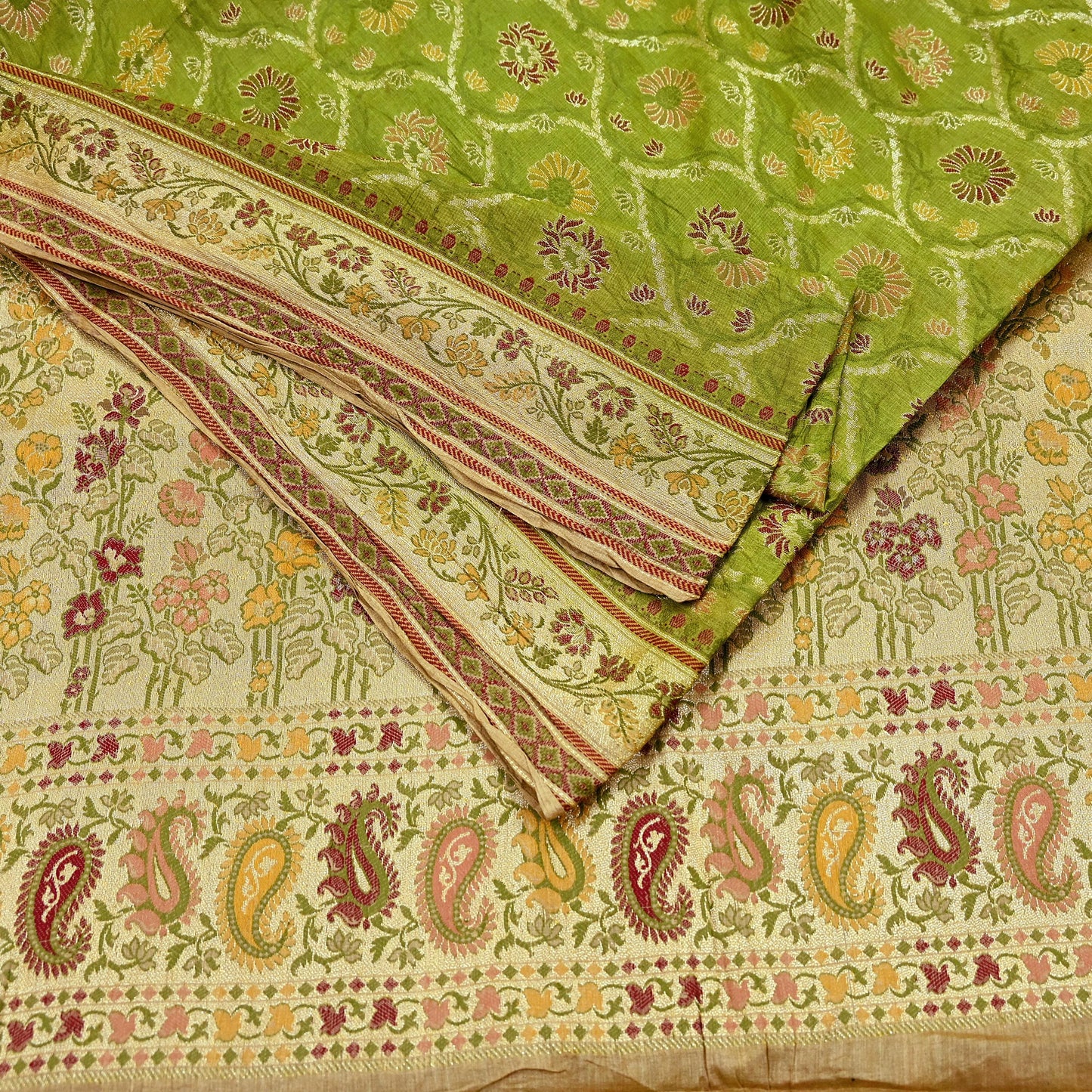 Indian Vintage Sari Green & Beige Pure Tussar Silk Hand Woven Sarees Craft Fabric 5Yd Sewing Ethnic Paisley Dress Making For Crafting