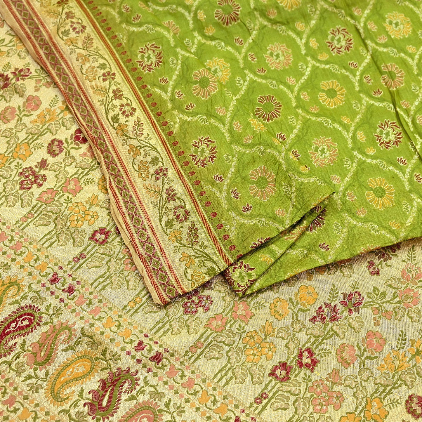 Indian Vintage Sari Green & Beige Pure Tussar Silk Hand Woven Sarees Craft Fabric 5Yd Sewing Ethnic Paisley Dress Making For Crafting
