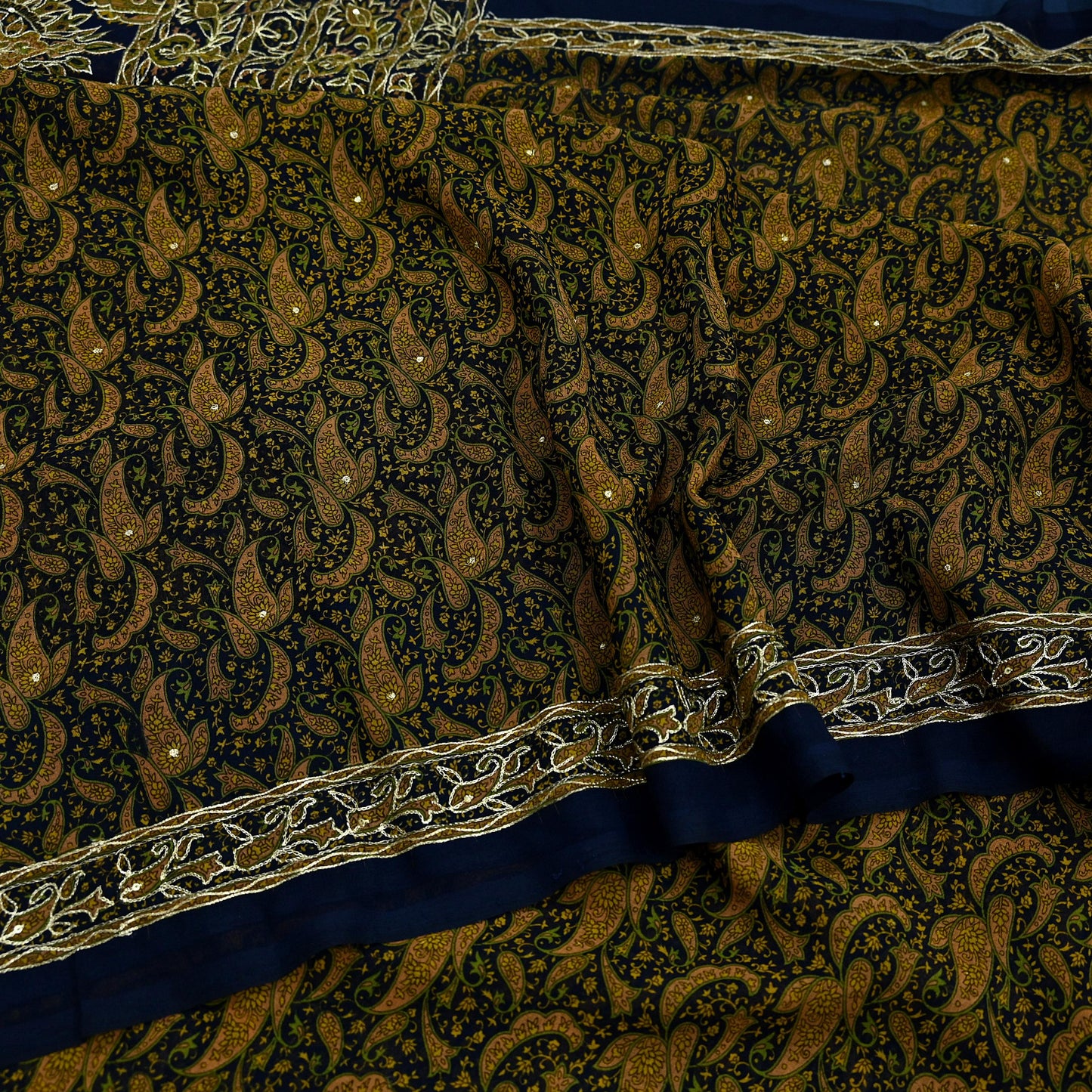 Indian Vintage Deep Blue Saree Georgette Hand Embroidered Sari Craft Fabric 5Yd Sewing Soft Ethnic Dress making Crafting Quilting Zari