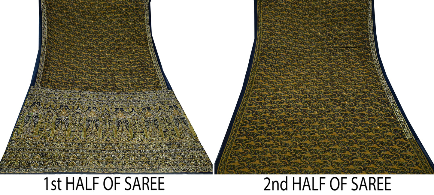 Indian Vintage Deep Blue Saree Georgette Hand Embroidered Sari Craft Fabric 5Yd Sewing Soft Ethnic Dress making Crafting Quilting Zari