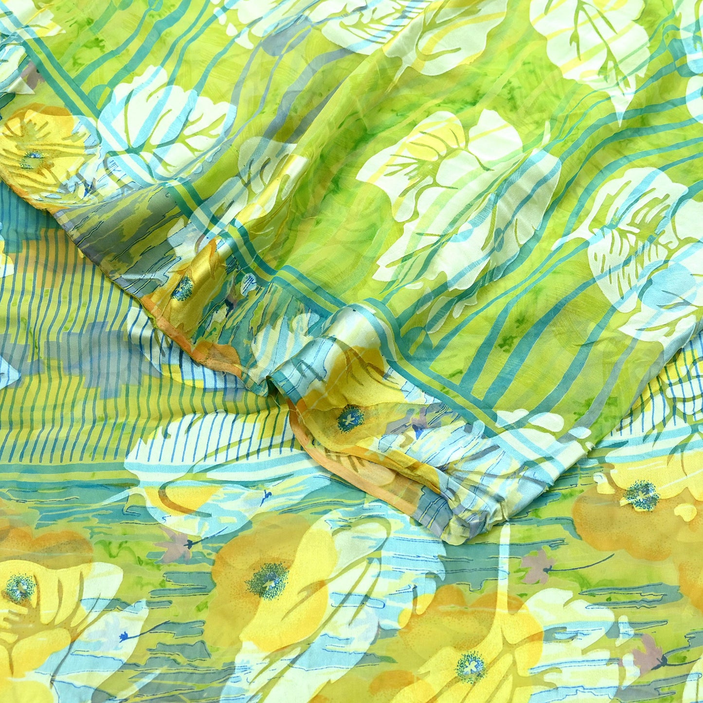 Indian Vintage Saree Green Pure Chiffon Silk Hand Embroidered Brasso Sari Fabric 5Yd Sewing Soft Ethnic Dress Making For Crafting Quilting