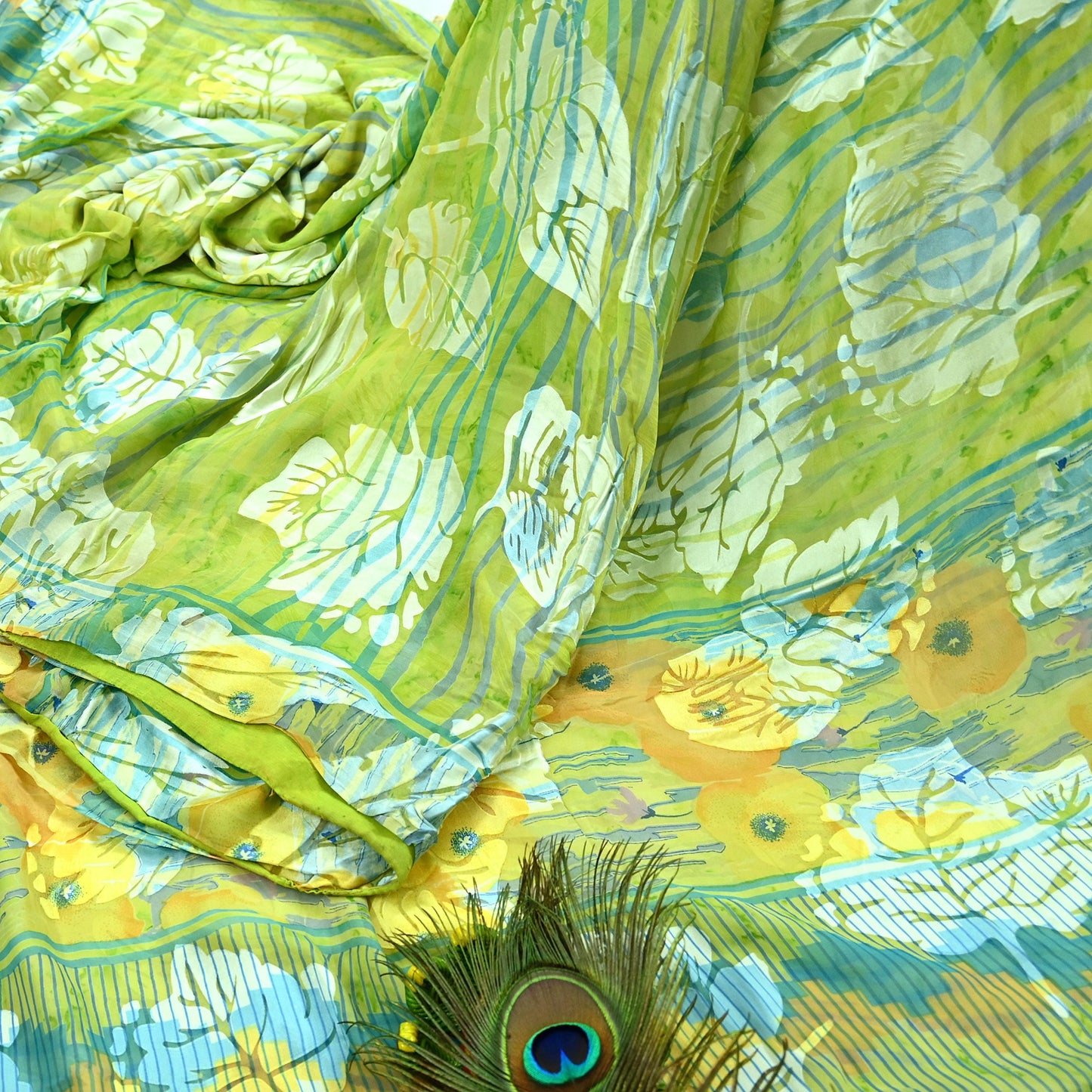 Indian Vintage Saree Green Pure Chiffon Silk Hand Embroidered Brasso Sari Fabric 5Yd Sewing Soft Ethnic Dress Making For Crafting Quilting