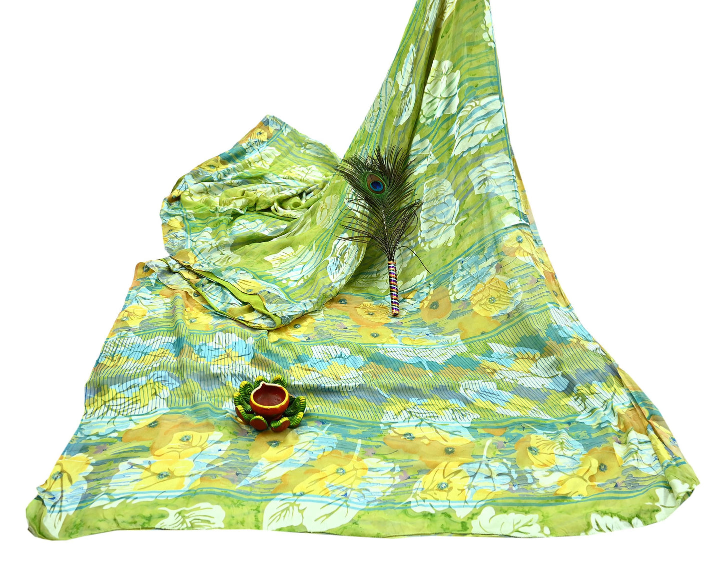 Indian Vintage Saree Green Pure Chiffon Silk Hand Embroidered Brasso Sari Fabric 5Yd Sewing Soft Ethnic Dress Making For Crafting Quilting