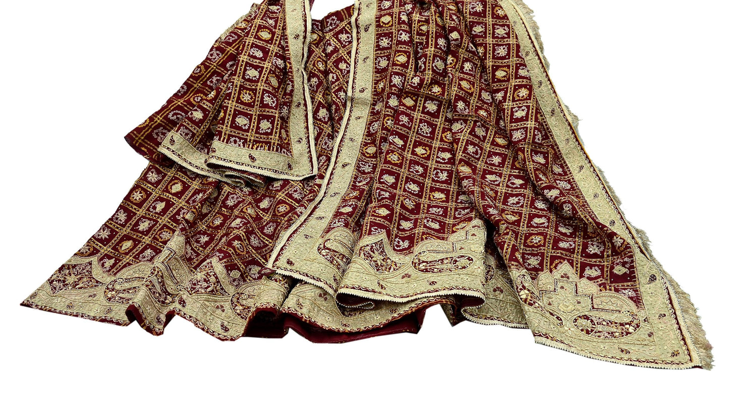 Indian Vintage Heavy Wedding Maroon Pure Cotton Hand Embroidered Bandhani Gharchola Lehenga/Dupatta Bridal Wear Zardozi/ Dabka, Zari