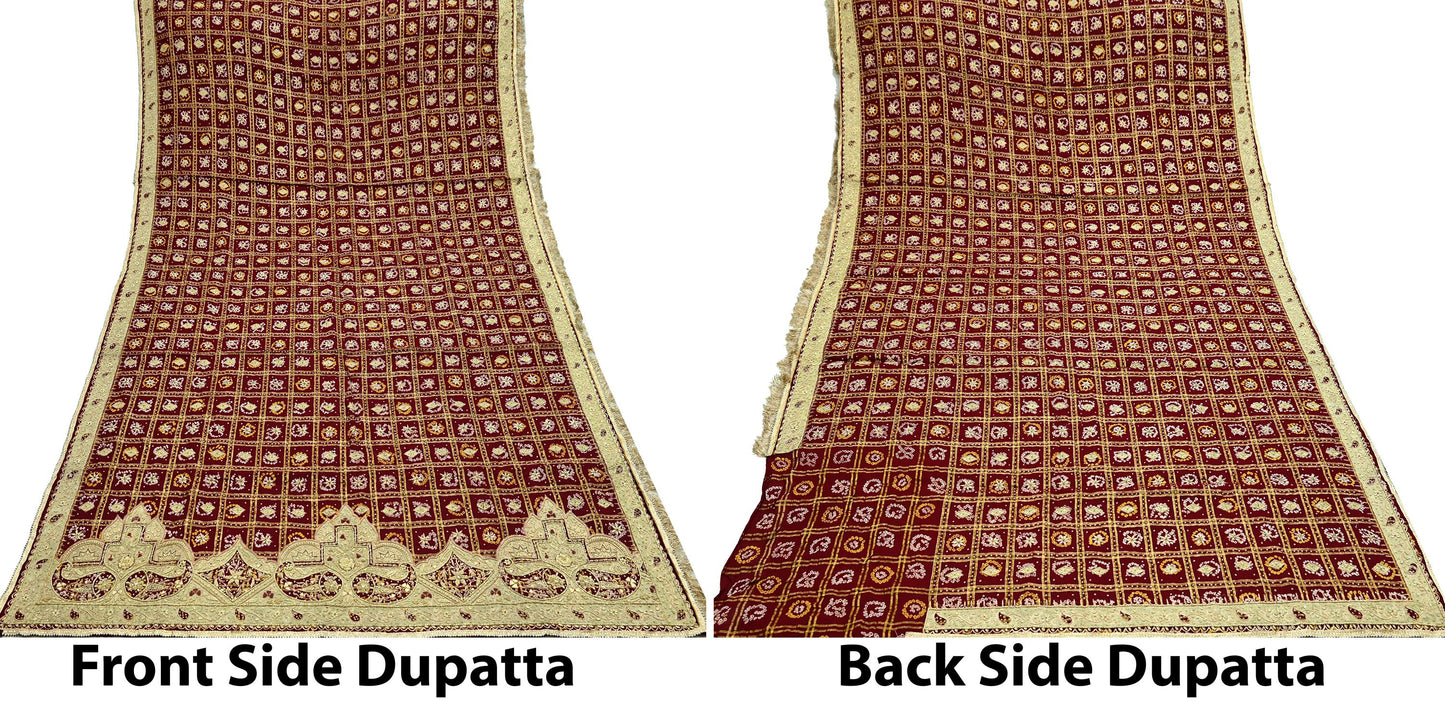 Indian Vintage Heavy Wedding Maroon Pure Cotton Hand Embroidered Bandhani Gharchola Lehenga/Dupatta Bridal Wear Zardozi/ Dabka, Zari