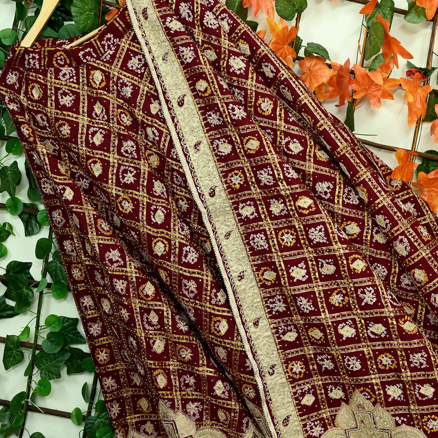 Indian Vintage Heavy Wedding Maroon Pure Cotton Hand Embroidered Bandhani Gharchola Lehenga/Dupatta Bridal Wear Zardozi/ Dabka, Zari