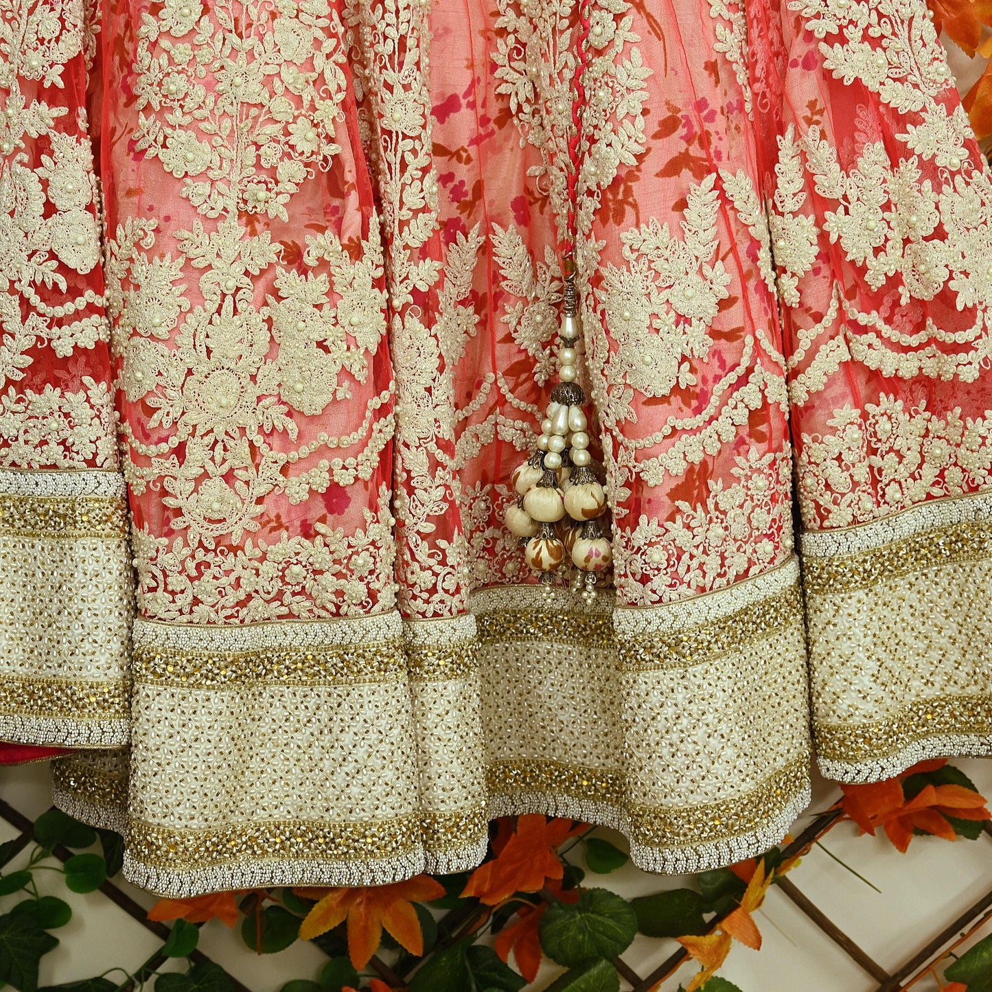 Indian Pre-owned Pink Heavy Wedding Net Hand Embroidered Lehenga/Skirt Designer By Abu Jani Zardozi Bridal Wear