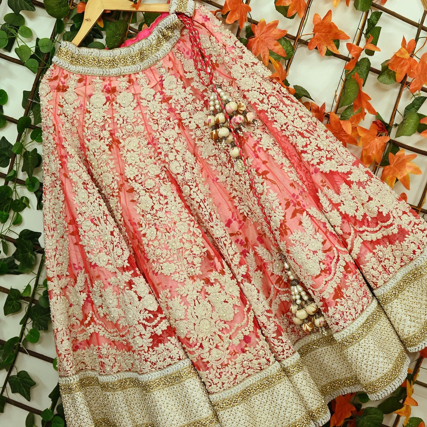 Indian Pre-owned Pink Heavy Wedding Net Hand Embroidered Lehenga/Skirt Designer By Abu Jani Zardozi Bridal Wear