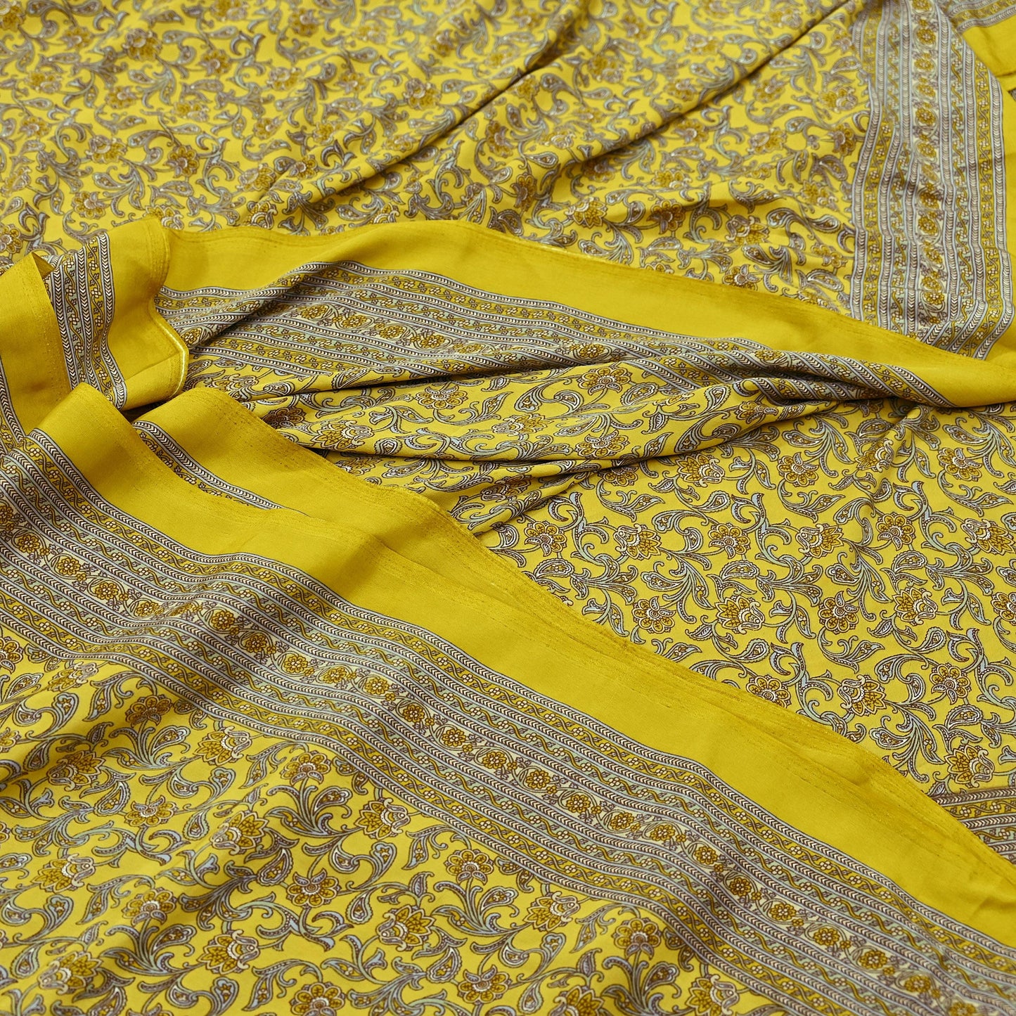 Indian Vintage Sari Yellow Moss Crepe Printed Sarees 5yd Craft Fabric Sewing Floral Soft Dress making Quilting Crafting Upcycle Used