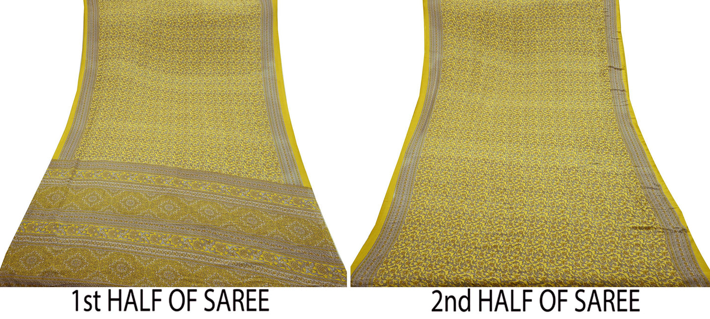 Indian Vintage Sari Yellow Moss Crepe Printed Sarees 5yd Craft Fabric Sewing Floral Soft Dress making Quilting Crafting Upcycle Used
