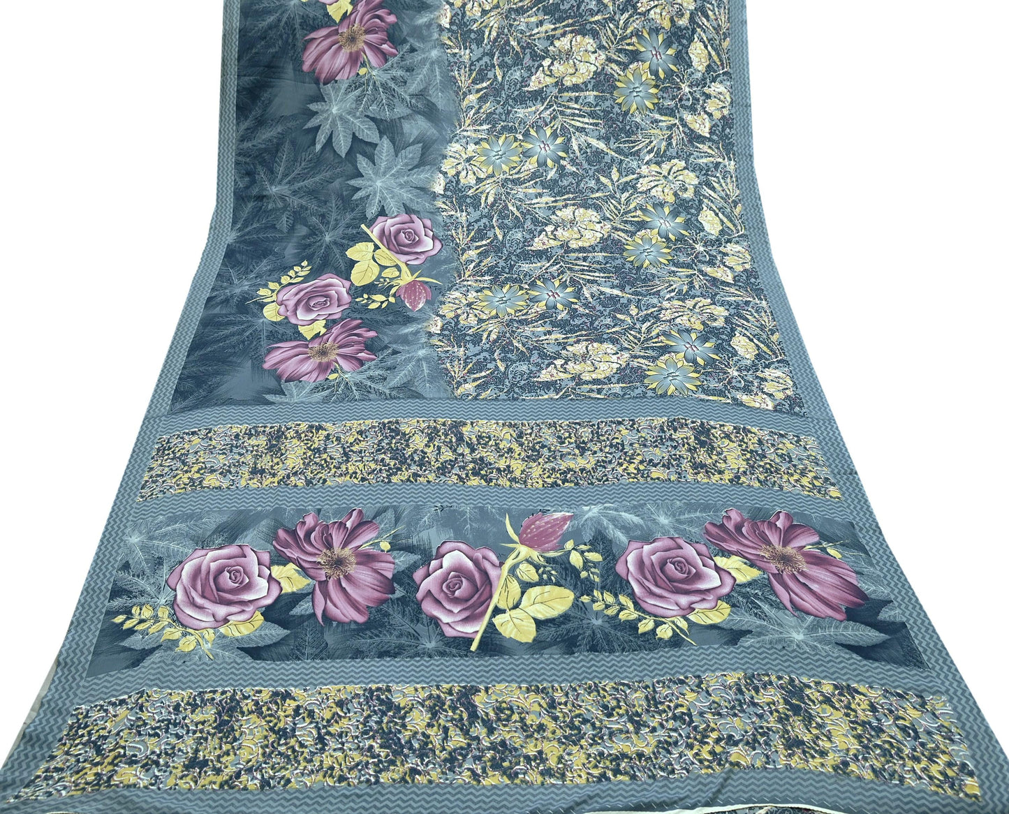 Indian Vintage Gray Sarees Moss Crepe Printed Sari 5yd Sewing Floral Soft Craft Fabric DressMaking For Crafting Quilting Upcycle