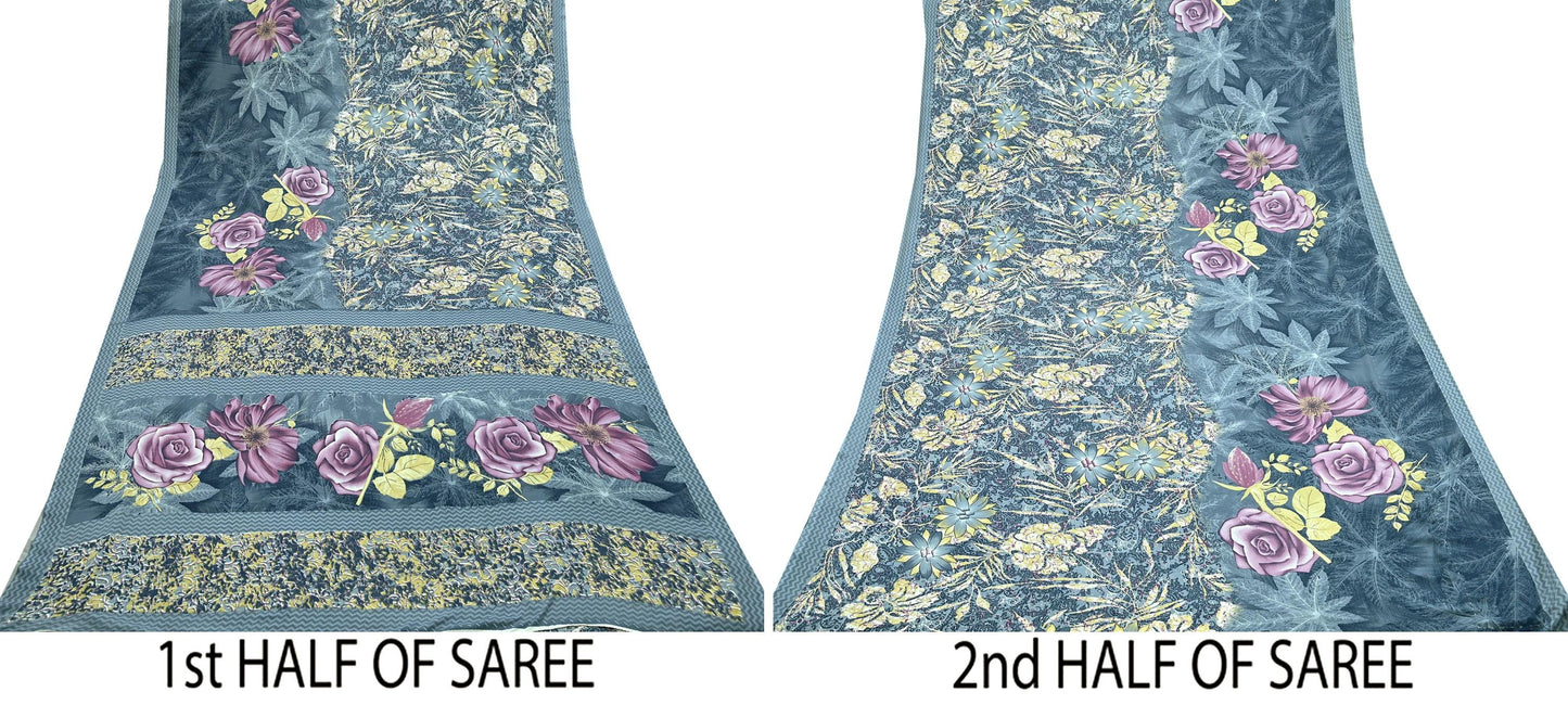 Indian Vintage Gray Sarees Moss Crepe Printed Sari 5yd Sewing Floral Soft Craft Fabric DressMaking For Crafting Quilting Upcycle