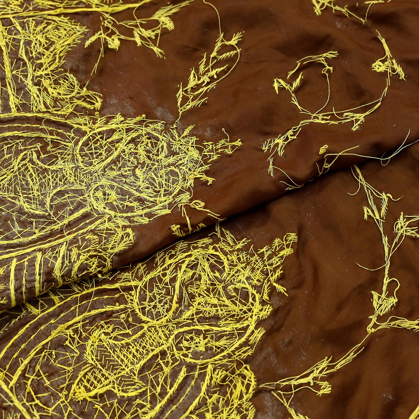 Indian Vintage Heavy Wedding Golden & Brown Dupatta Pure Satin Silk Long Stole Hand Embroidered Scarves Golden Zardozi Veil