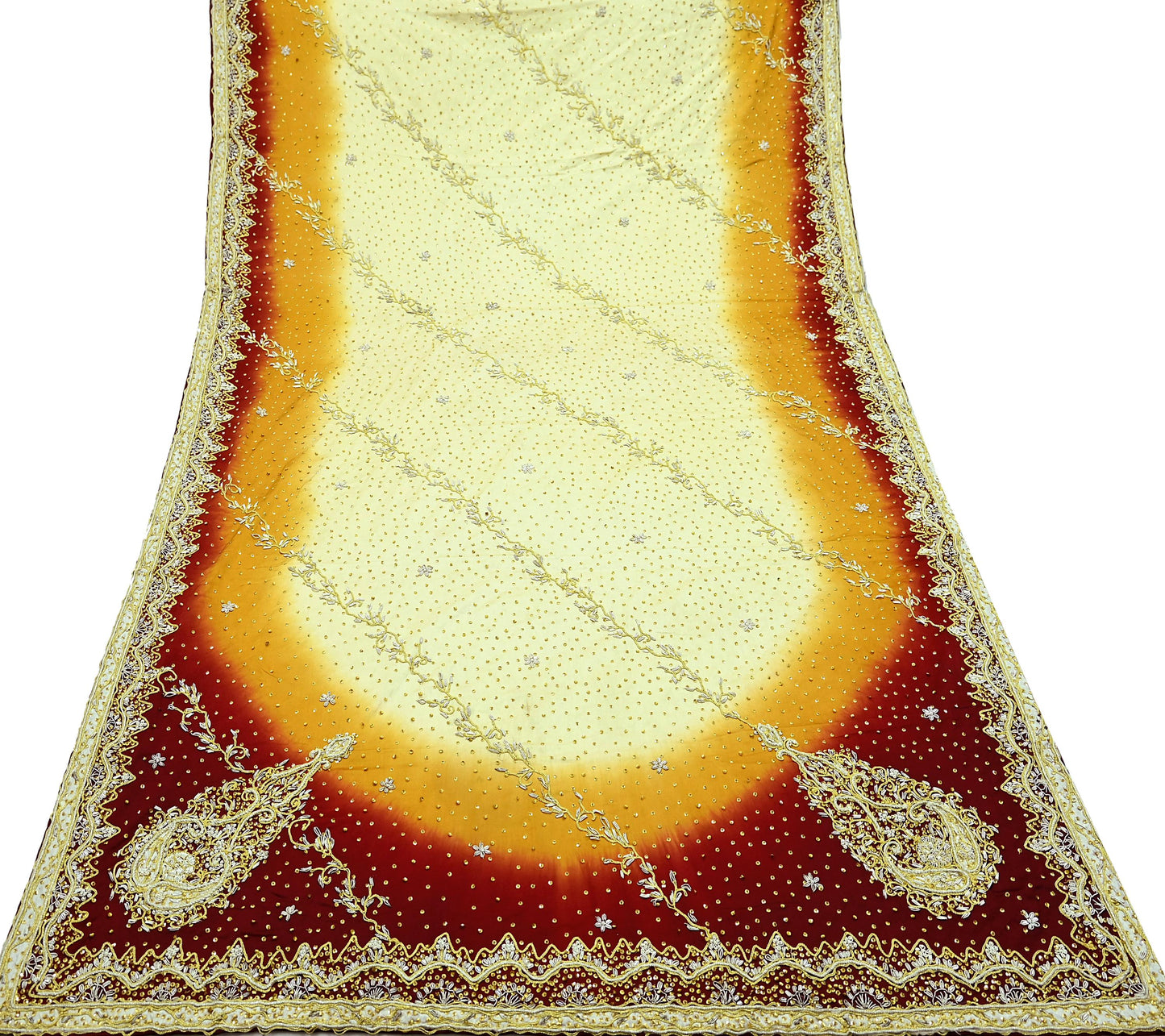 Indian Vintage Heavy Wedding Dupatta Pure Satin Silk Long Stole Hand Embroidered Scarves Golden Zardozi Veil