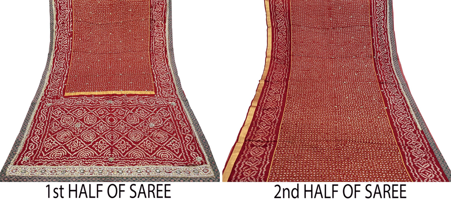 Indian Vintage Maroon Saree Hand Embroidered Bandhani Printed Sari 100% Pure Silk Indian Sari Fabric 5yard Soft Craft Fabric Beaded