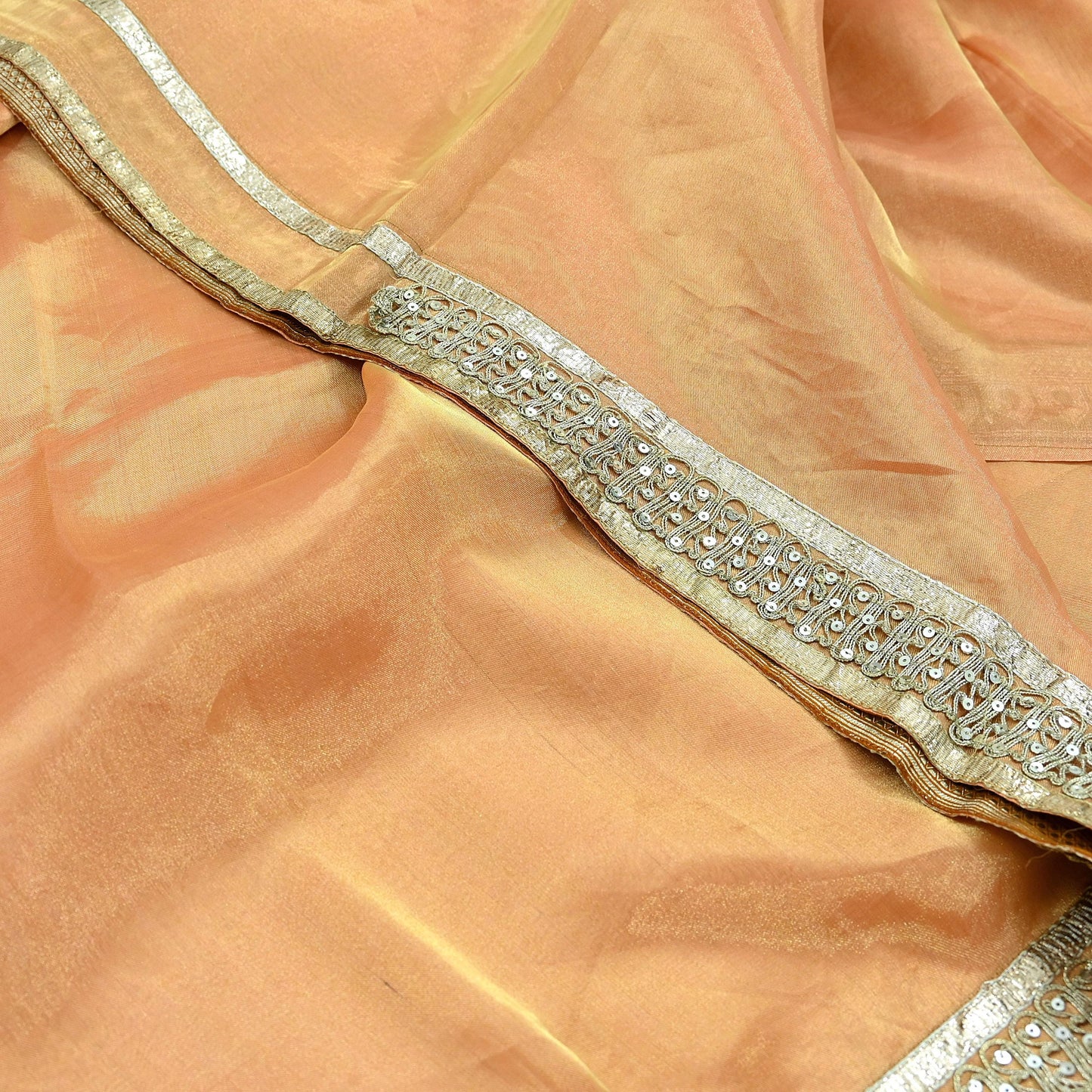 Indian Vintage Golden Peach Heavy Saree Hand Embroidered Designer Tissue Silk Sari Fabric 6Yd Ethnic Floral Zari Brocade border