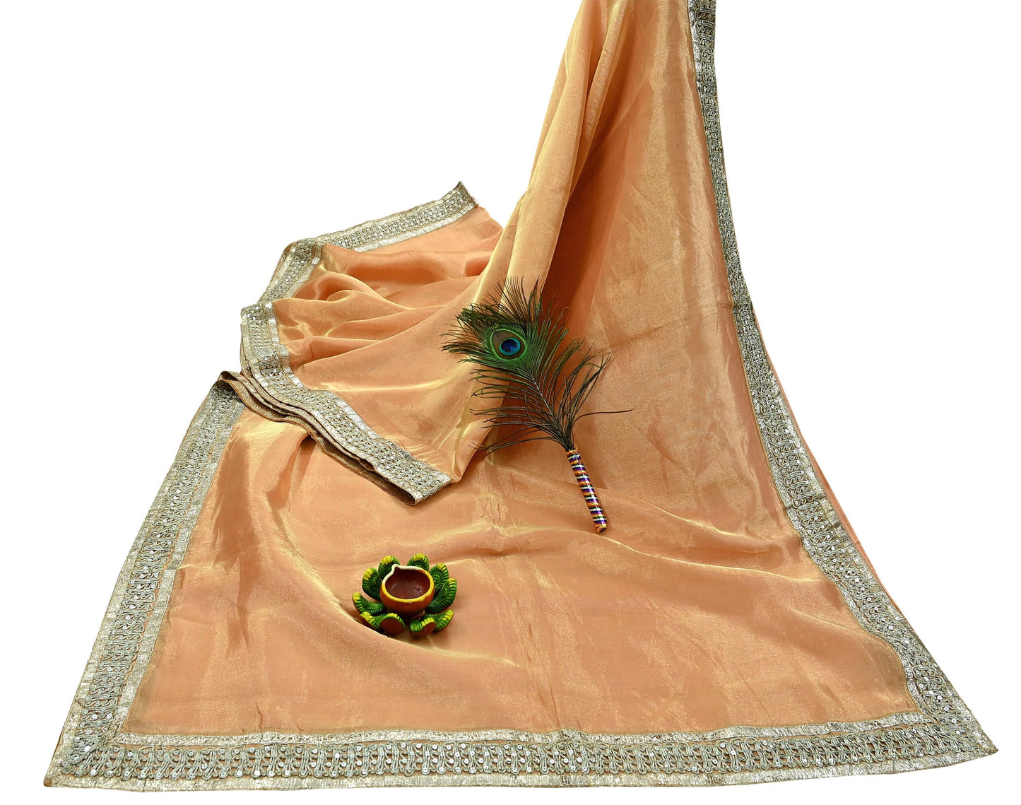 Indian Vintage Golden Peach Heavy Saree Hand Embroidered Designer Tissue Silk Sari Fabric 6Yd Ethnic Floral Zari Brocade border