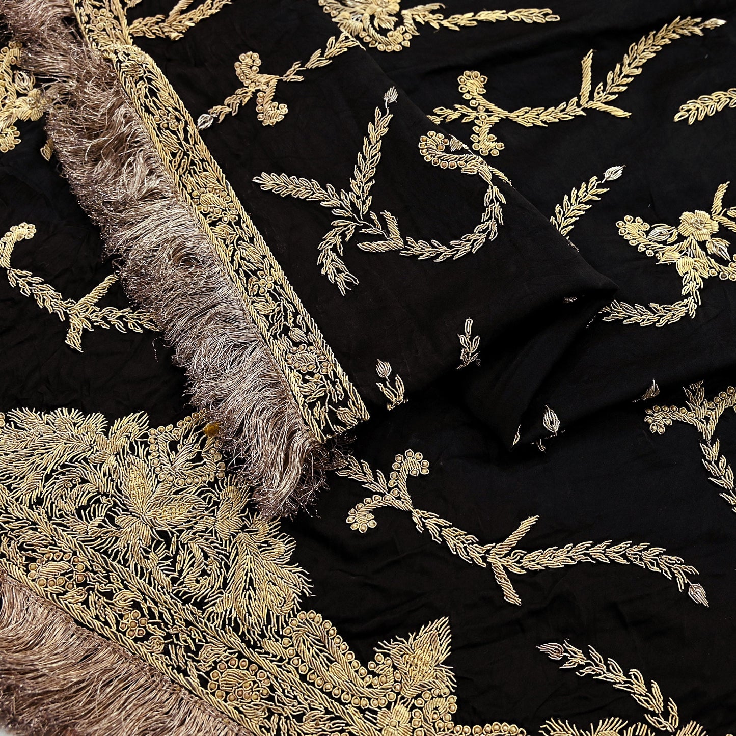 Indian Vintage Heavy Wedding Black Dupatta Pure Satin Silk Long Stole Hand Embroidered Scarves Golden Zardozi Veil Hijab Bridal Dupatta