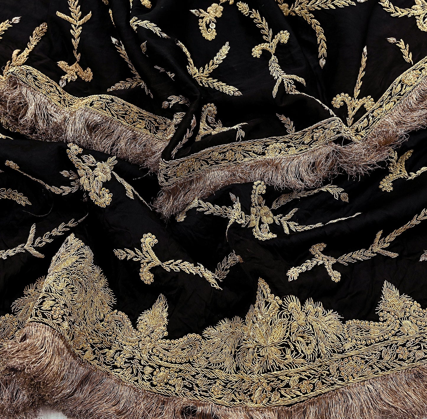 Indian Vintage Heavy Wedding Black Dupatta Pure Satin Silk Long Stole Hand Embroidered Scarves Golden Zardozi Veil Hijab Bridal Dupatta