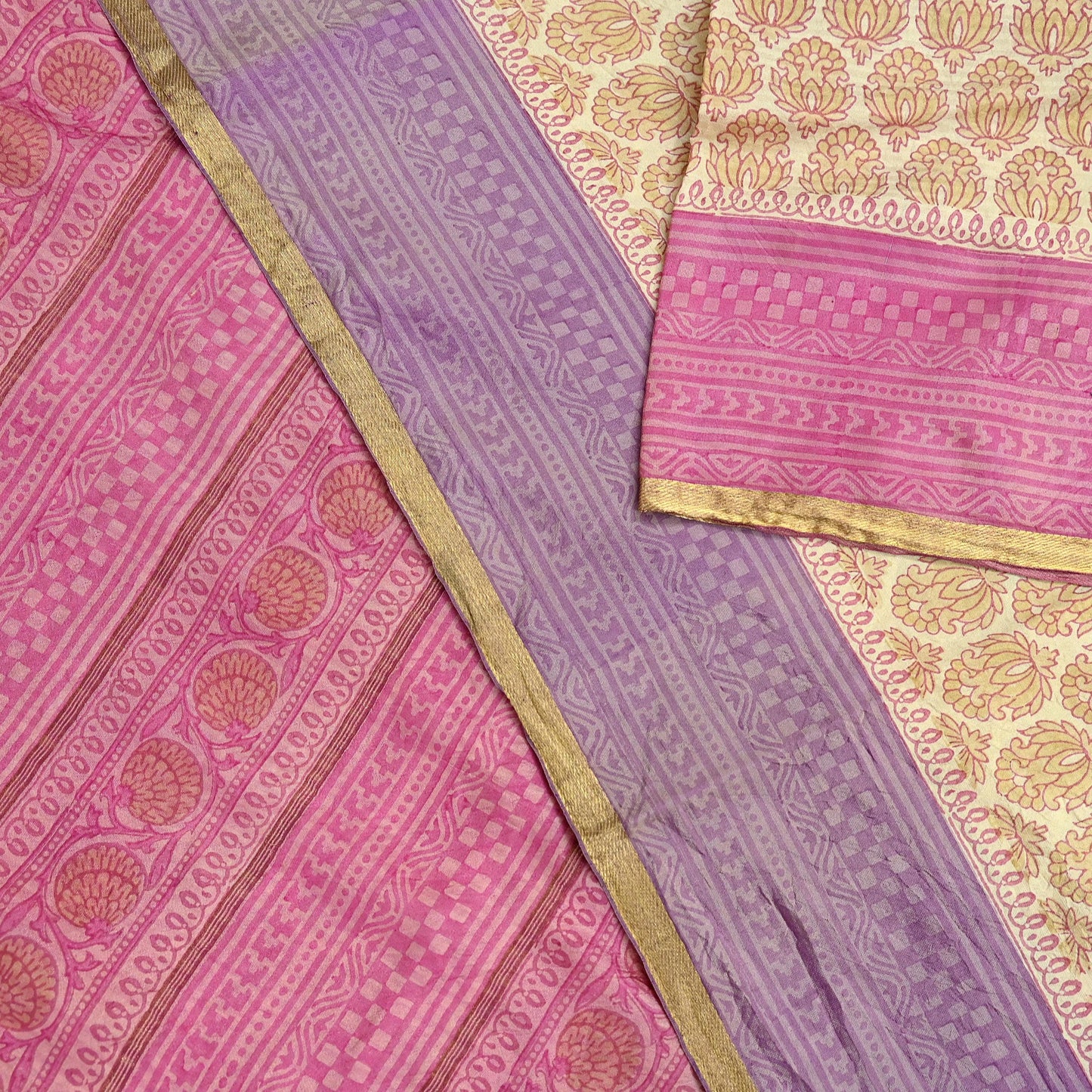 Indian Vintage Heavy Sari Beige & Pink Pure Khadi Silk Handloom Saree Craft Fabric 5yd Ethnic Wear Dress making For Crafting Quilting Sewing
