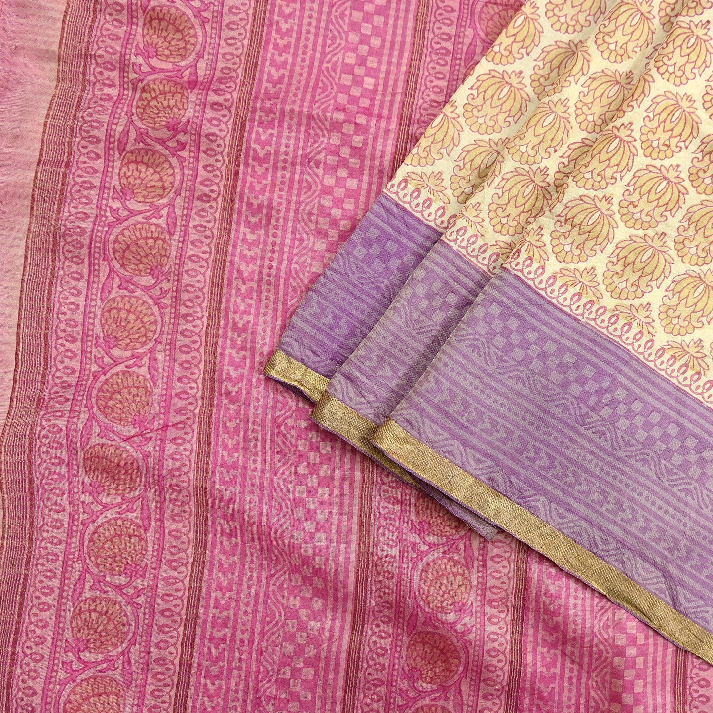 Indian Vintage Heavy Sari Beige & Pink Pure Khadi Silk Handloom Saree Craft Fabric 5yd Ethnic Wear Dress making For Crafting Quilting Sewing