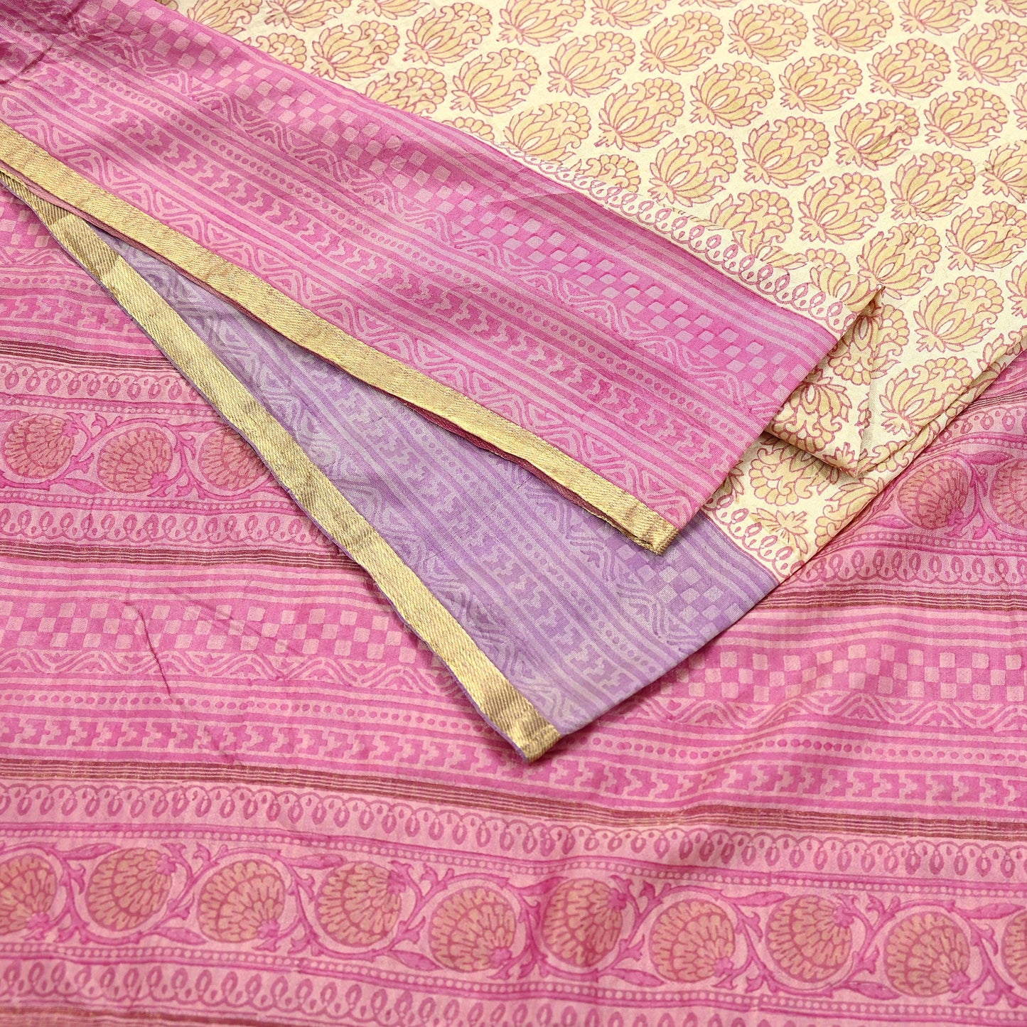 Indian Vintage Heavy Sari Beige & Pink Pure Khadi Silk Handloom Saree Craft Fabric 5yd Ethnic Wear Dress making For Crafting Quilting Sewing