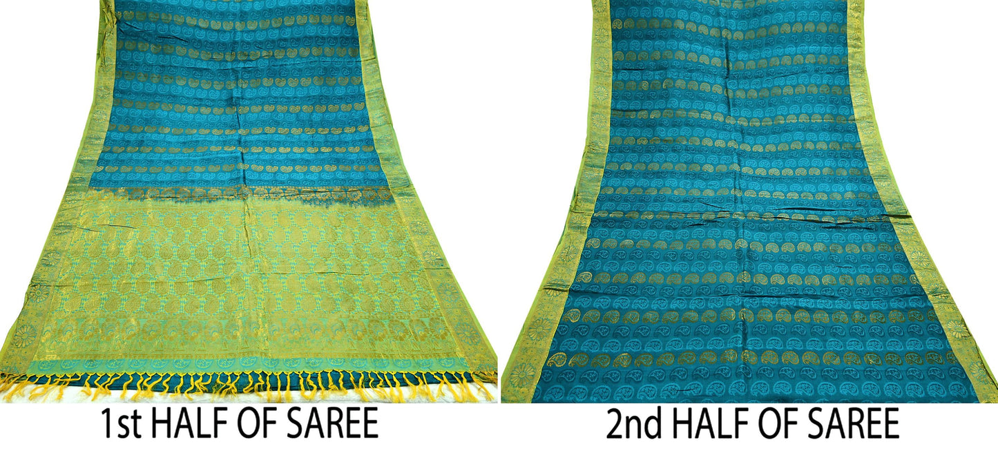 Indian Vintage Heavy Green Kanjivaram Saree 100% Pure Silk Sari Zari 6Yd Craft Fabric Floral Crafting Dress making Crafting Quilting