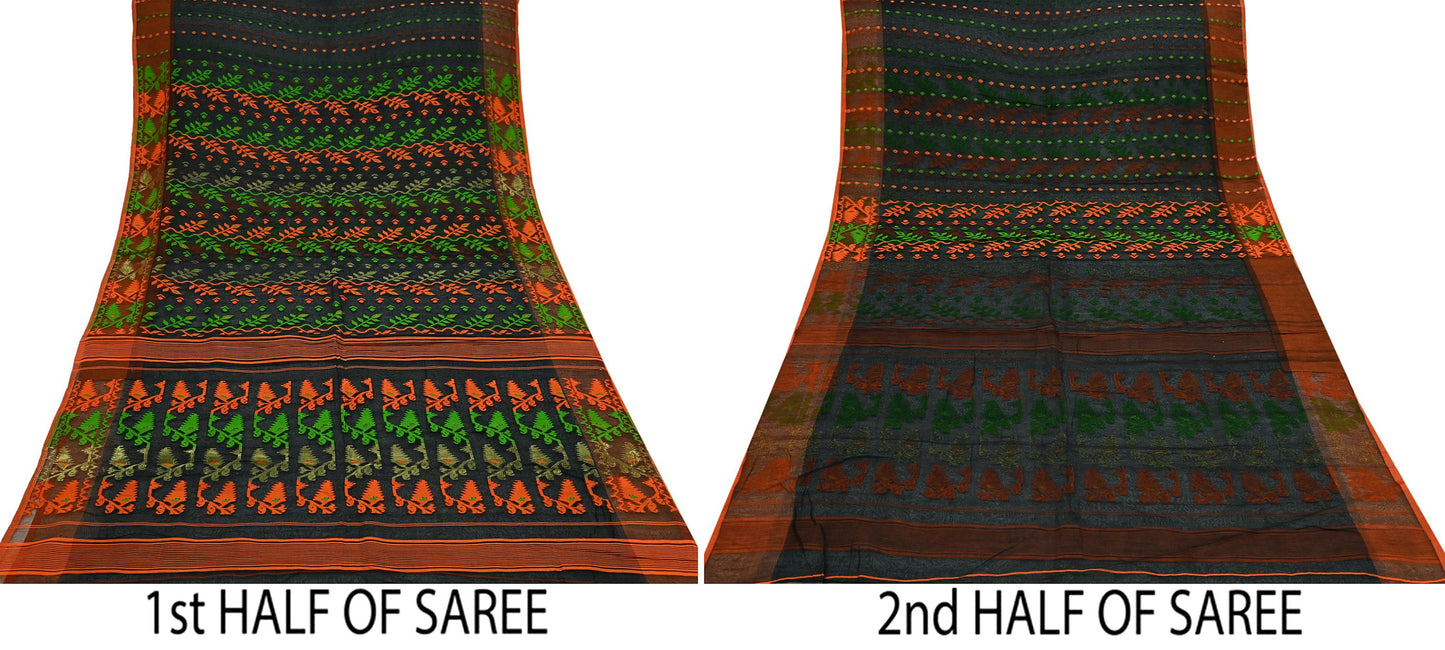 Indian Vintage Sarees Black Cotton Hand Woven Jamdani Sari 5yd Ethnic Floral Craft Fabric Dress making Upcycle Crafting Quilting