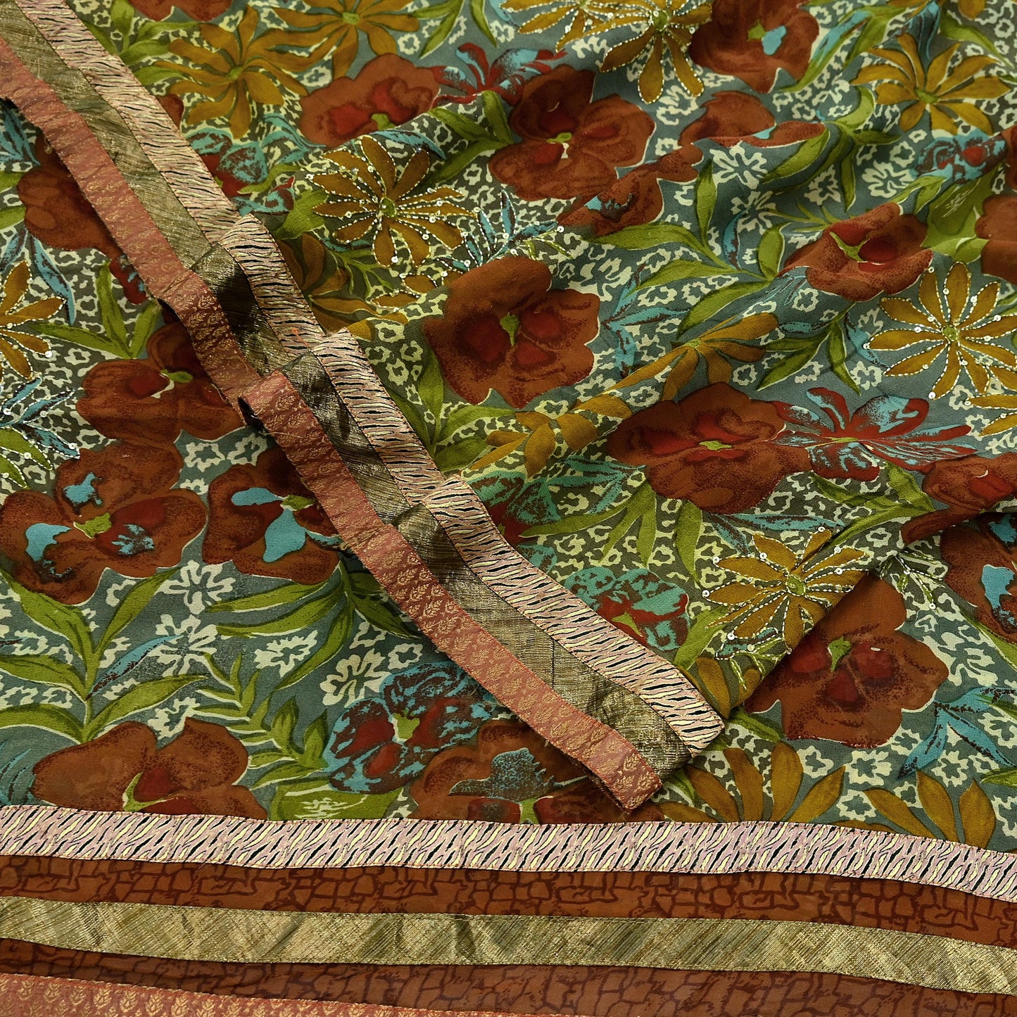 Indian Vintage Green Saree Pure Georgette Silk Hand Embroidered Sari Craft Fabric 5Yd Ethnic Soft Dress making Crafting Quilting