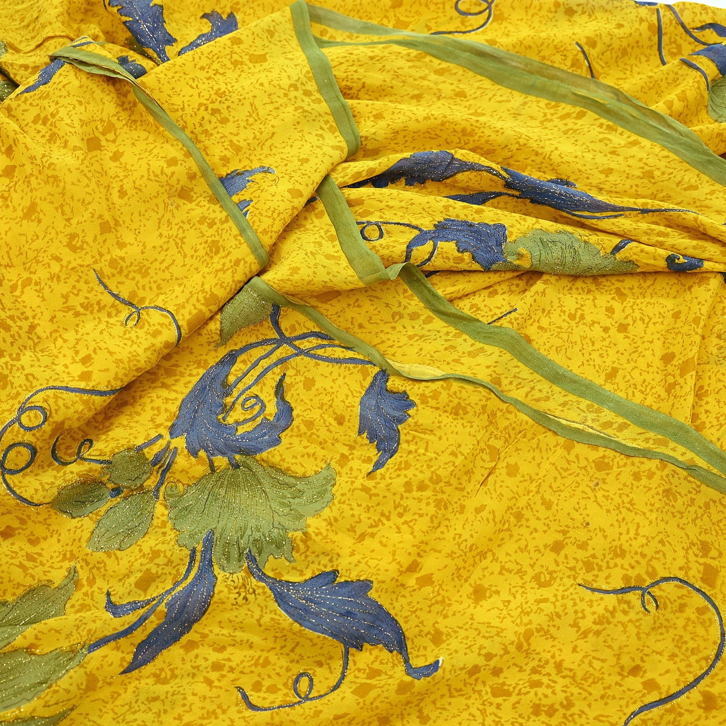 Indian Vintage Yellow Saree Pure Georgette Silk Hand Embroidered Printed Sari Craft Fabric Sewing 5Yd Soft Light Dress Making Floral
