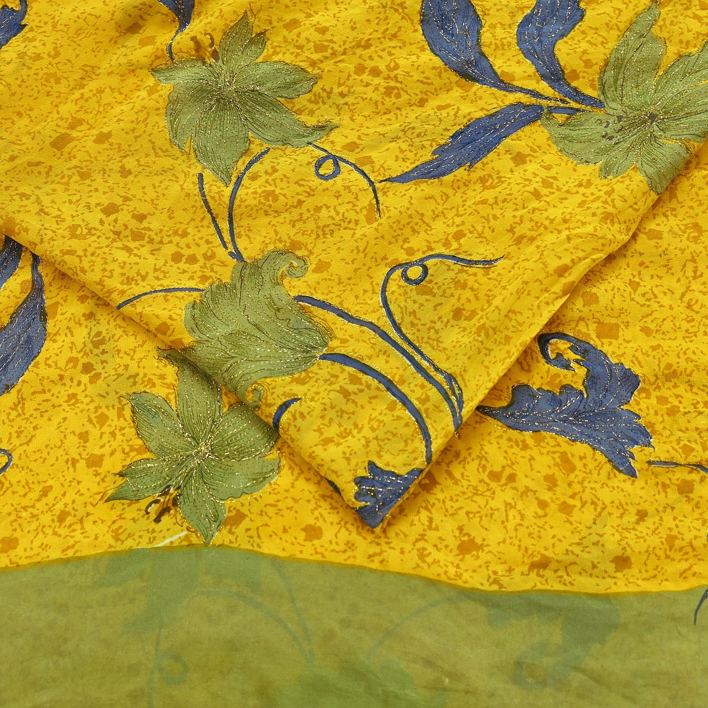 Indian Vintage Yellow Saree Pure Georgette Silk Hand Embroidered Printed Sari Craft Fabric Sewing 5Yd Soft Light Dress Making Floral