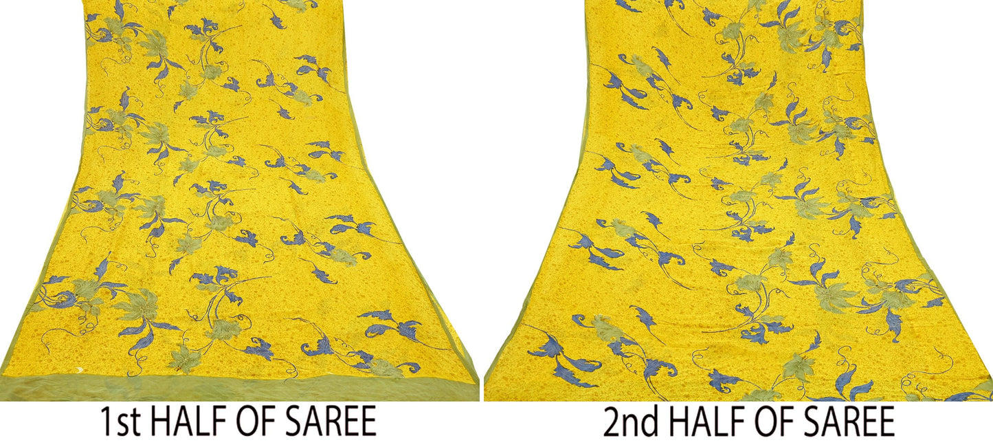 Indian Vintage Yellow Saree Pure Georgette Silk Hand Embroidered Printed Sari Craft Fabric Sewing 5Yd Soft Light Dress Making Floral