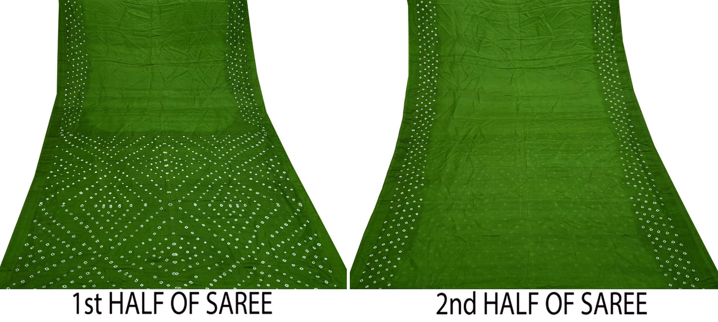 Indian Vintage Sari Green Pure Silk Bandhani Printed Sarees Fabric 6yd Floral Sewing Traditional Culture Sari Ethnic Fabric