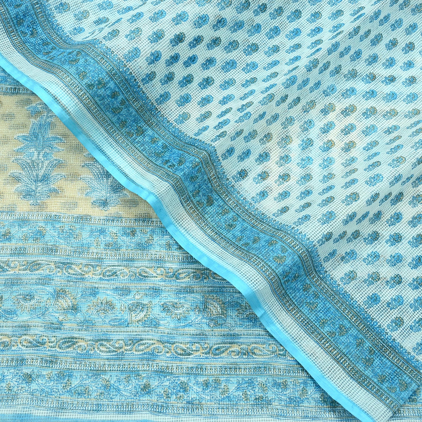 Indian Vintage Sari White & Blue Printed 100% Pure Cotton Sarees Craft Fabric 5Yd Sewing Sarong Wrap Boho Floral Quilting Crafting