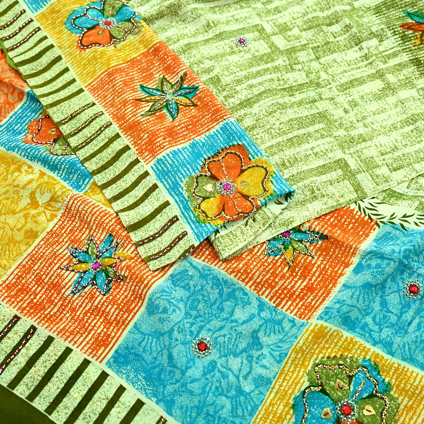Indian Vintage Sari Ivory & Green Pure Crepe Silk Hand Embroidered Saree 5yd Sewing Floral Craft Sequins Dress making Crafting Quilting