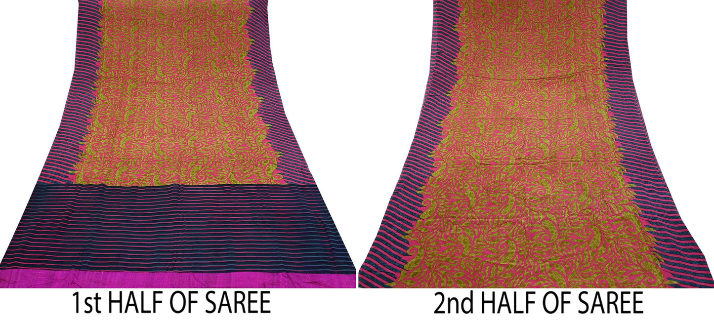 Indian Vintage Sari Green & Pink Pure Crepe Silk Printed Saree 5yd Sewing Floral Soft Craft Fabric Wrap Dress making Crafting Quilting