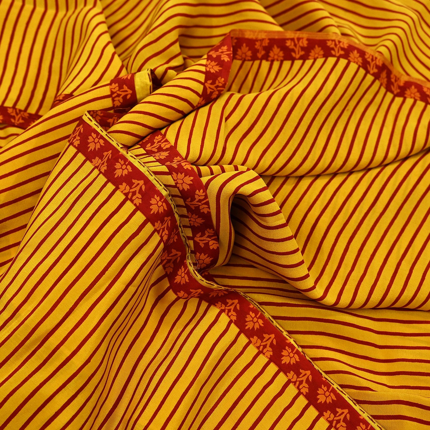 Indian Vintage Sari Red & Yellow Pure Crepe Silk Printed Sarees 5yd Sewing Floral Soft Craft Fabric Wrap Dress Making Crafting Quilting