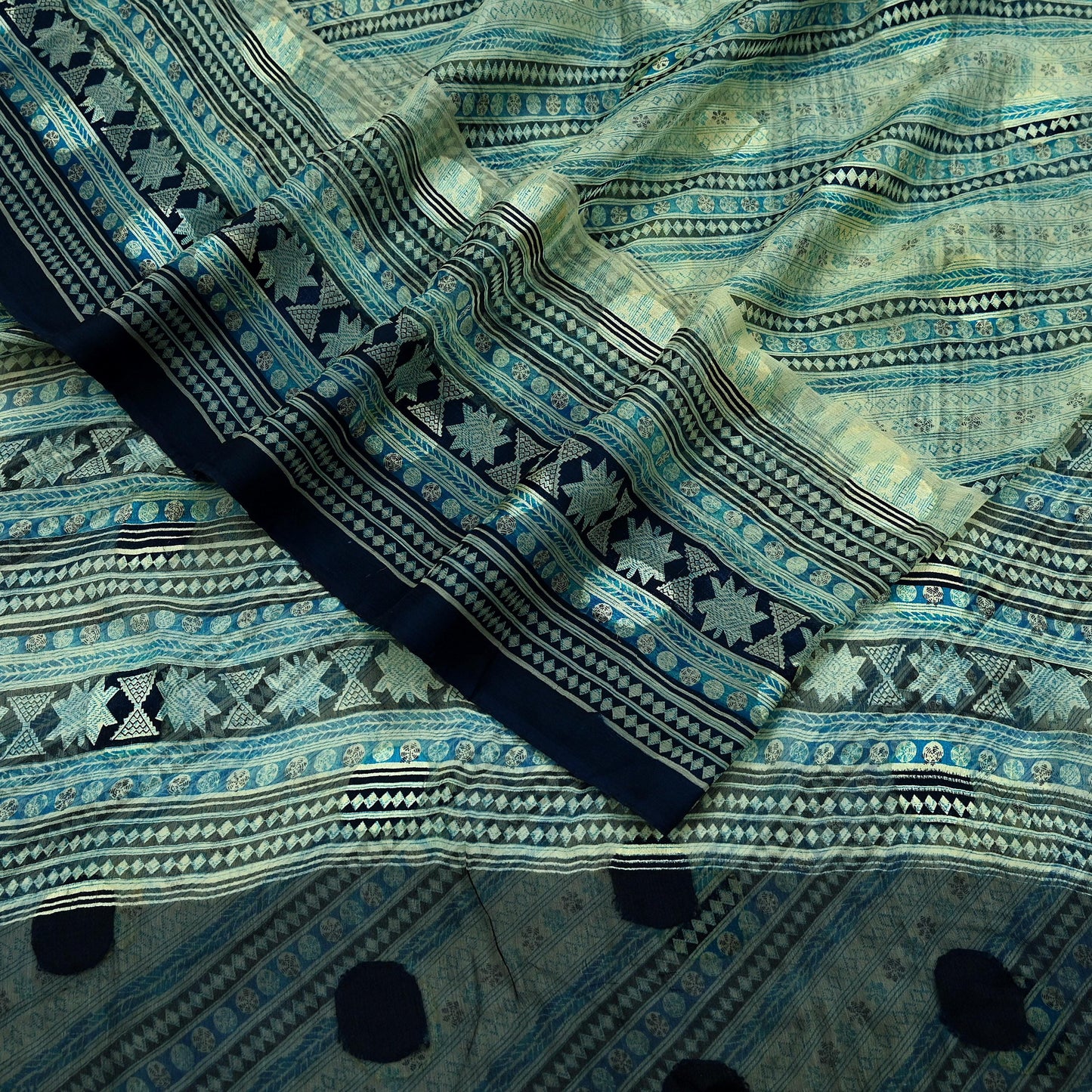 Indian Vintage Sari Ivory & Blue Pure Chiffon Silk Printed Sarees 6Yd Craft Fabric Sewing Soft Dress Making Upcycle Quilting