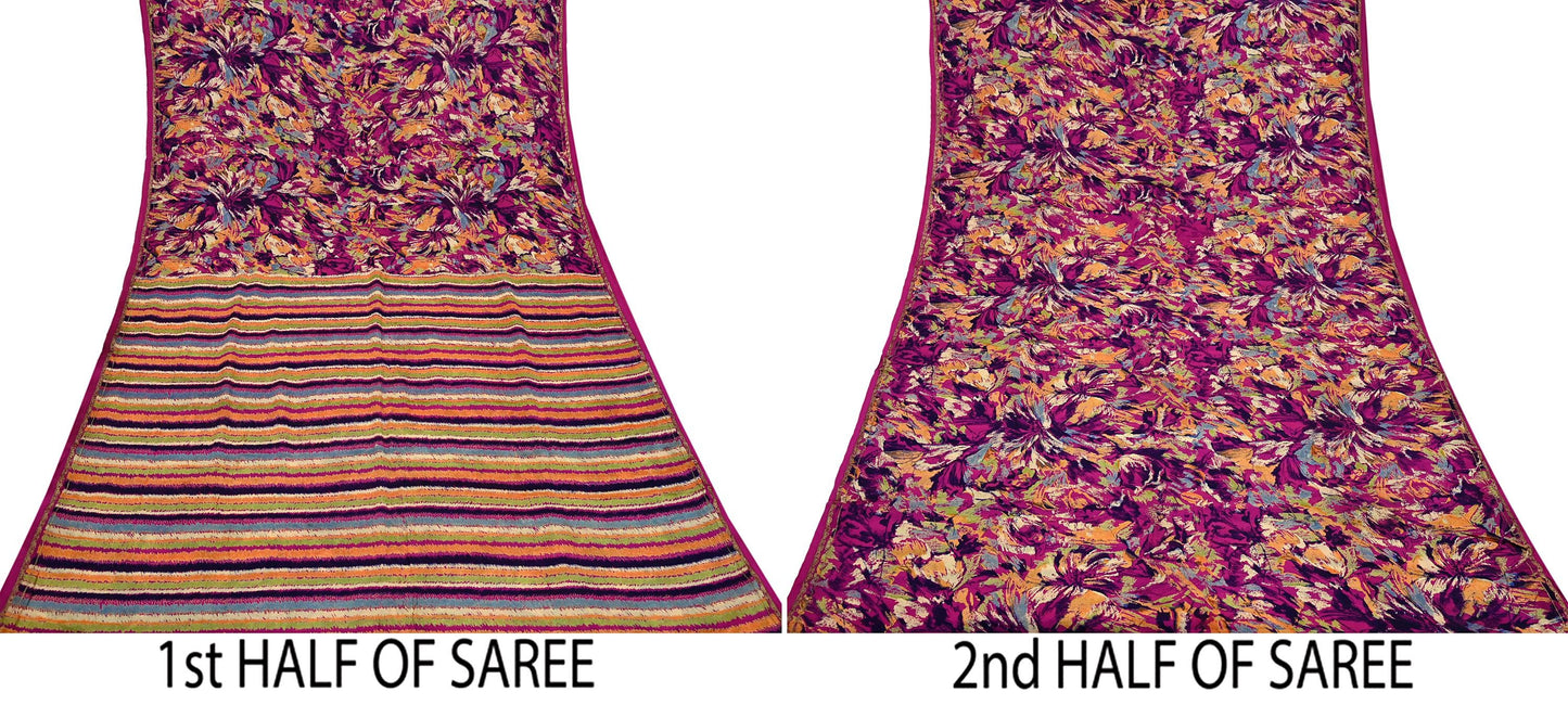 Indian Vintage Sari Purple 100% Pure Silk Printed Sarees 5yd Sewing Craft Fabric Dress Making Soft Wrap Floral Crafting Quilting Upcycle