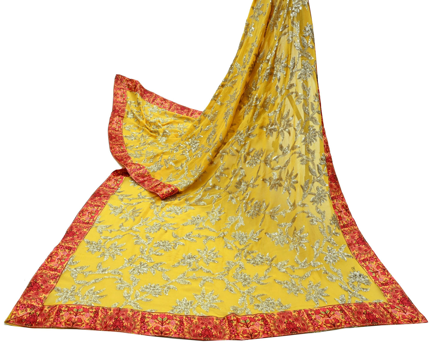 Indian Vintage Dupatta Yellow Pure Georgette silk Long Stole Embroidered Scarves Stole Veil Wrap Sequins