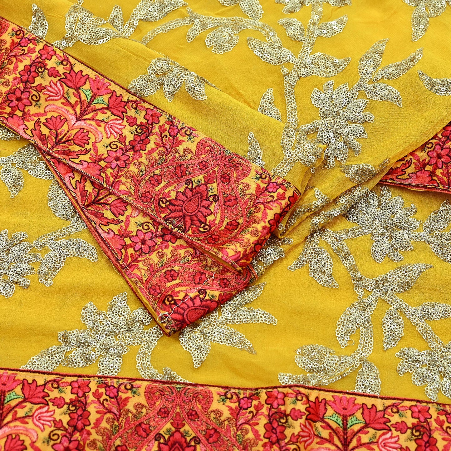 Indian Vintage Dupatta Yellow Pure Georgette silk Long Stole Embroidered Scarves Stole Veil Wrap Sequins