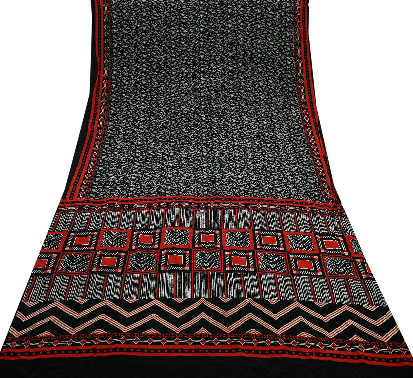 Indian Vintage Beige & Black Saree Pure Crepe Silk Printed Sari Craft Fabric 5yd Sewing Floral Soft Wrap Dress making Crafting Quilting