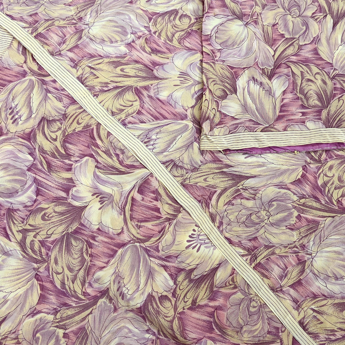 Indian Vintage Beige & Purple Saree Pure Crepe Silk Printed Sari Craft Fabric 5yd Sewing Floral Soft Dress making For Crafting Quilting