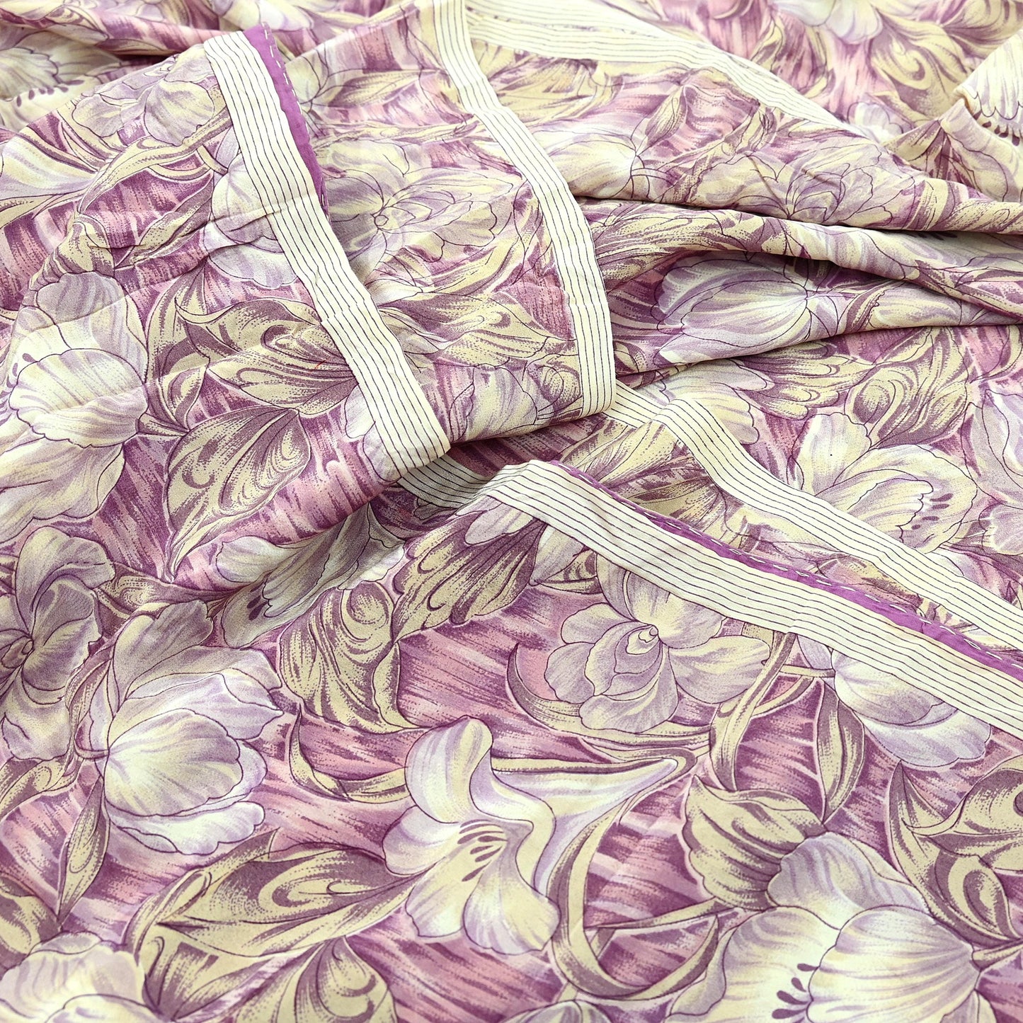 Indian Vintage Beige & Purple Saree Pure Crepe Silk Printed Sari Craft Fabric 5yd Sewing Floral Soft Dress making For Crafting Quilting